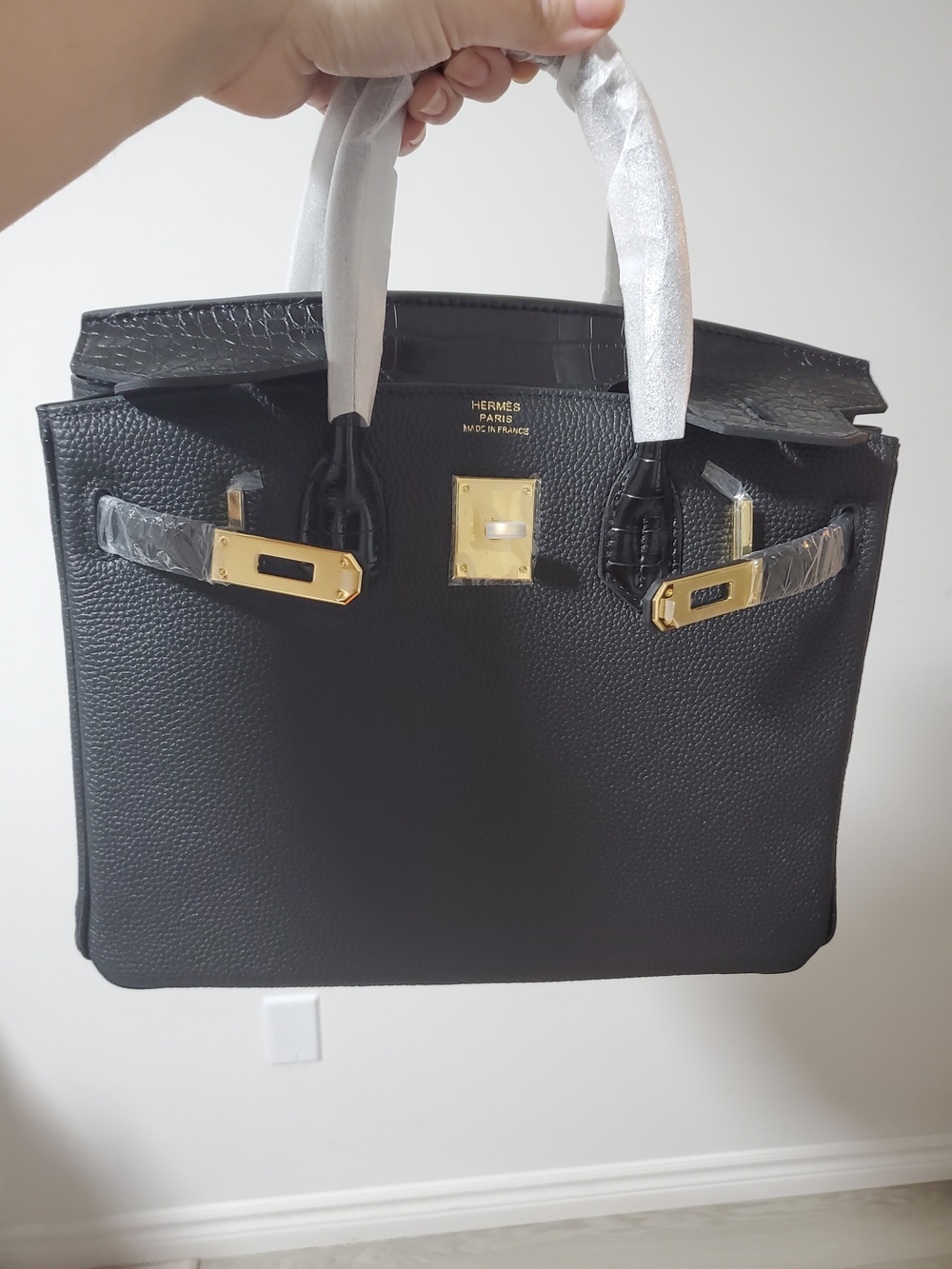 Black Leather Satchel with Gold Hardware